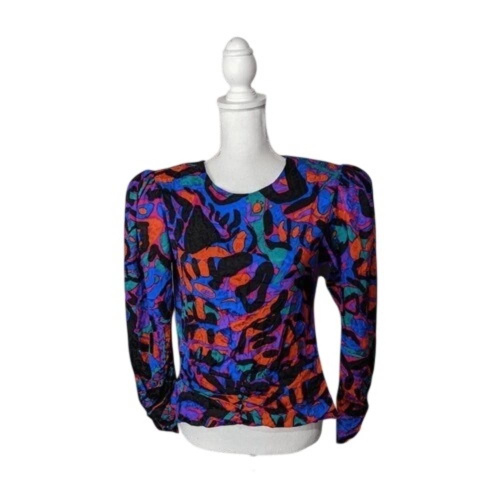 Flora Kung Vintage 80s Silk Wrap Blouse Psychedelic Abstract Puff Shoulder Sz‎ 6